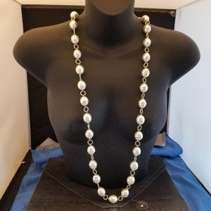 LONG Pearl Necklace with Golden Accents